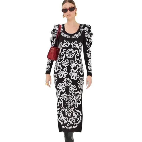 Farm Rio Cashew Mandala Knit Long Puff Sleeve Midi Dress in Black Size XXS New - Picture 2 of 6